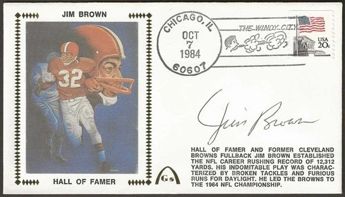 Jim Brown Signed Walter Payton Rushing Record Gateway Stamp Cachet Cleveland
