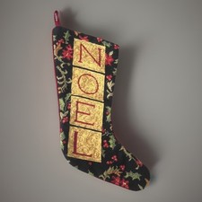Vntg Noel Stocking Wool Needlepoint  Velvet Christmas Poinsettias Handmade