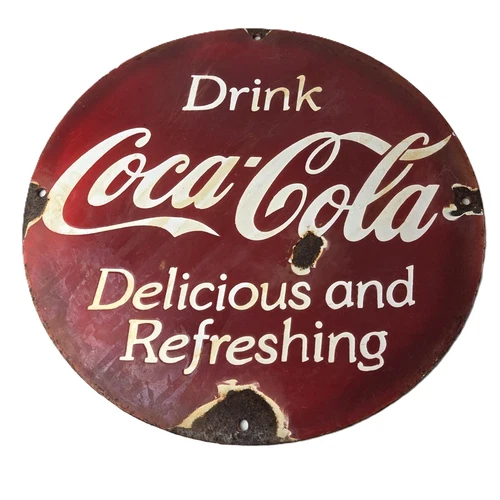 Vintage Coca Cola Porcelain Sign - Refreshing Delicious Soda Beverage Sign
