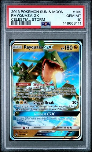 PSA 10 Rayquaza GX Ultra Rare 109/168 Celestial Storm Pokemon LOW POP