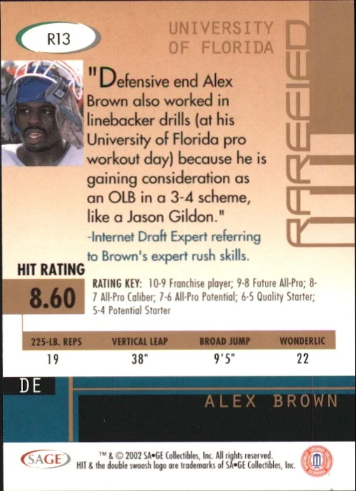2002 SAGE HIT Rarefied Emerald #R13 Alex Brown - FB - Image 2 of 2