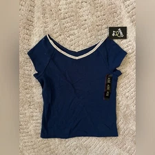 Art Class girls navy short sleeve top with lace style neckline