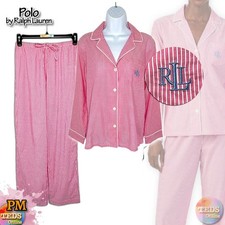 NWT Lauren Ralph Lauren PM Long Sleeve Notch Collar Pajama Set, Pink Stripe