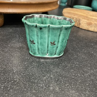 Vintage Gustavsberg ARGENTA Stoneware Toothpick Holder or Vase with silver Inlay