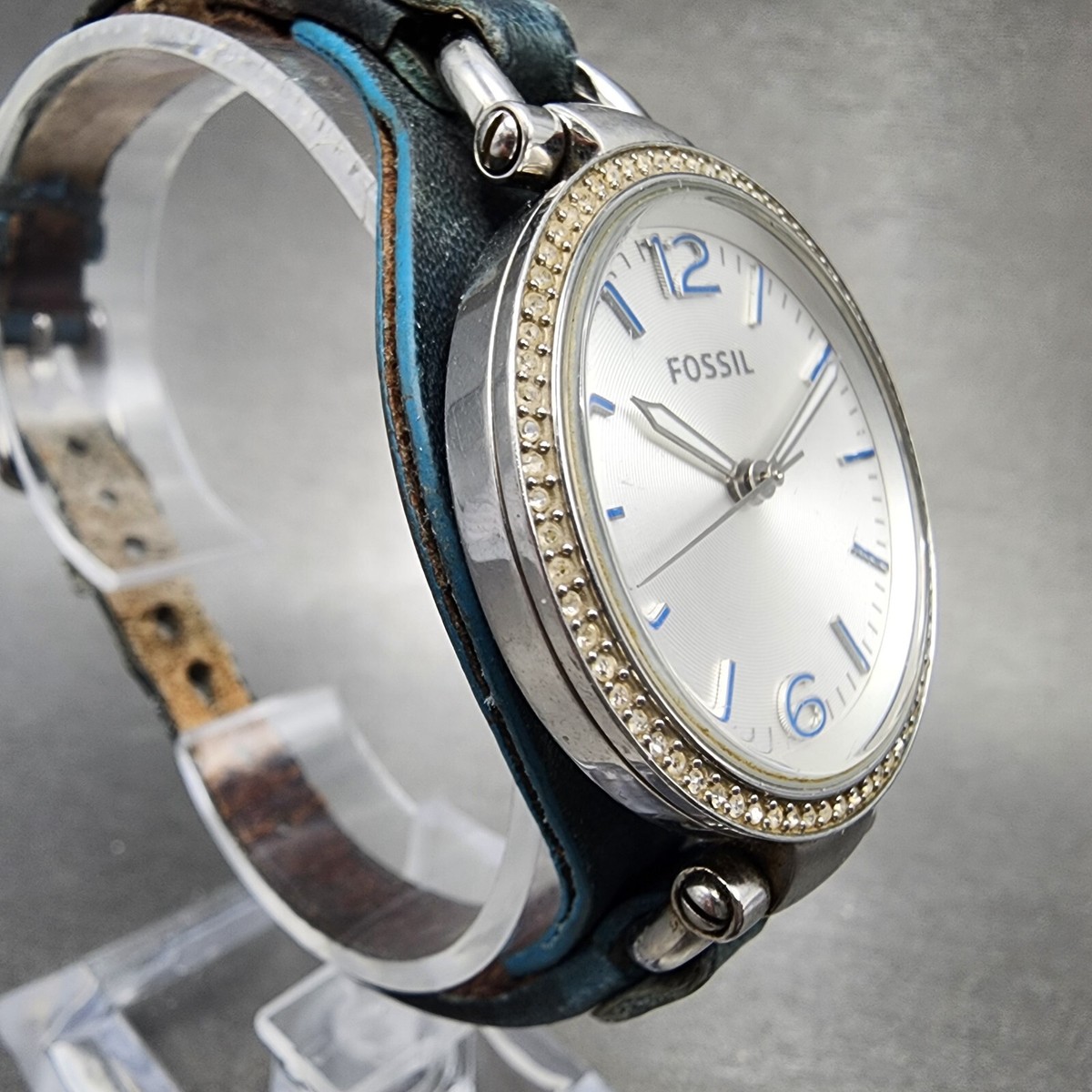 Fossil Georgia ES3318 Silver-Tone Blue Leather Strap Analog Wristwatch 30M Women Fossil Women main image 4