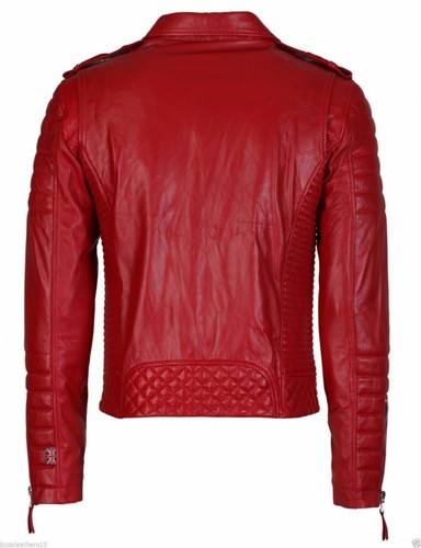 Men's Vintage Classic Red Cafe Racer Motorcycle Biker Genuine Leather Jacket - Picture 3 of 4