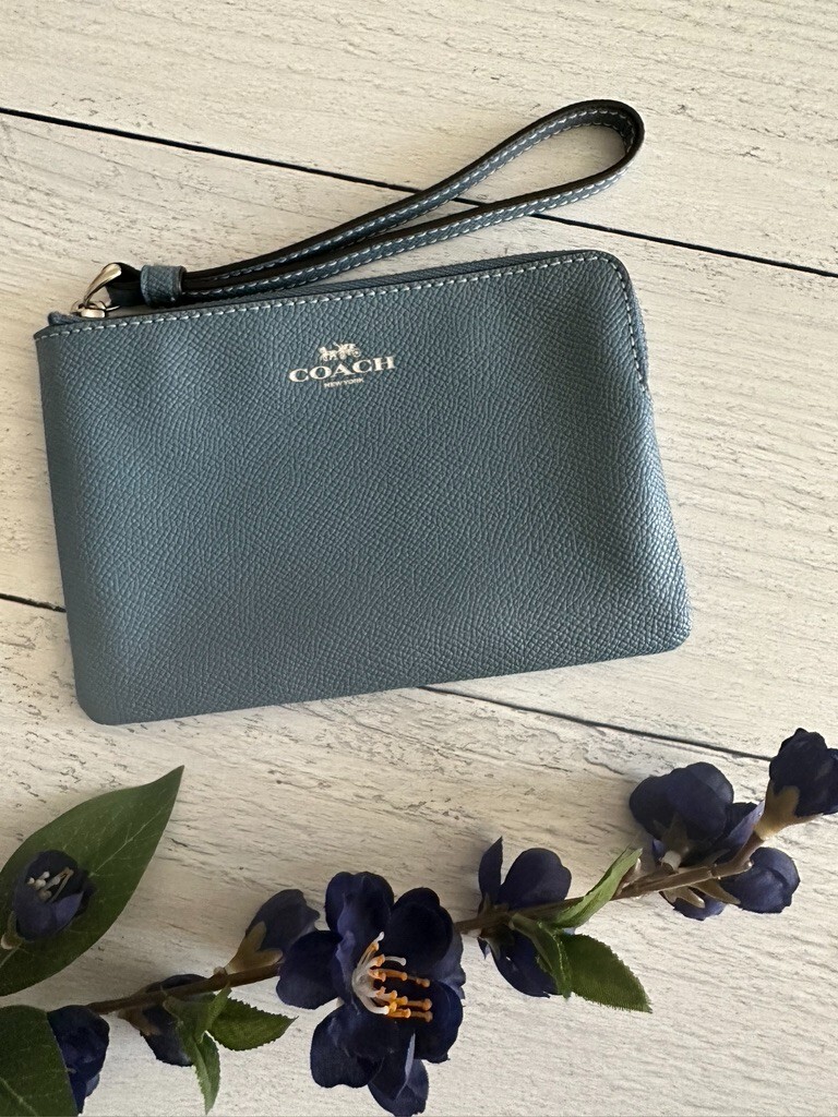 NWT Coach Corner Zip Wristlet 58032 Indigo Silver Leather | eBay