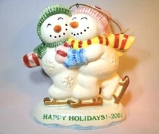 Fitz and Floyd Hand Crafted Ceramic Snowmen Happy Holidays Christmas Ornament