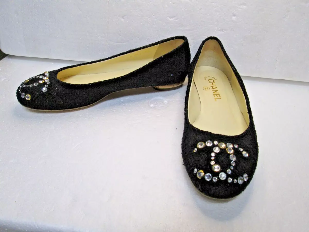 CHANEL Black Woven with Rhinestones CC Ballerina Flats Size 38 | eBay
