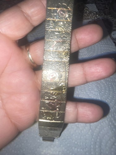 VINTAGE GOLD TONE 7” BRACELET MESH FOLD OVER PANELS ETCHED FLORAL FLOWERS - Picture 18 of 21