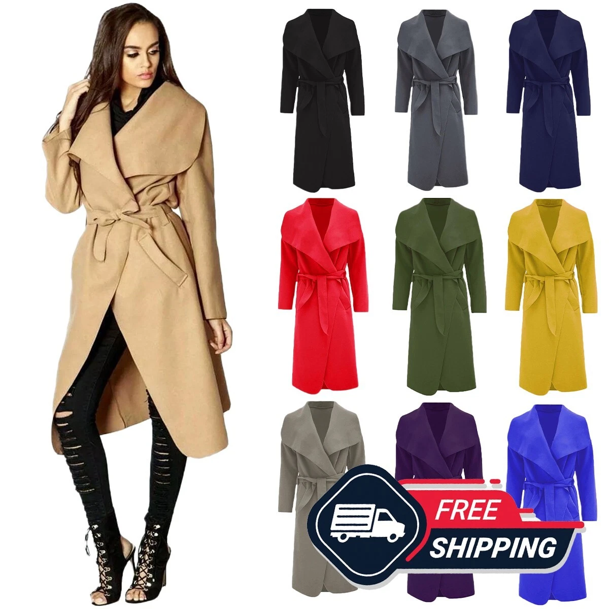 Womens Italian Coat Ladies Long Waterfall Duster Belted Drape Trench Jacket 8-22
Opens in a new wind