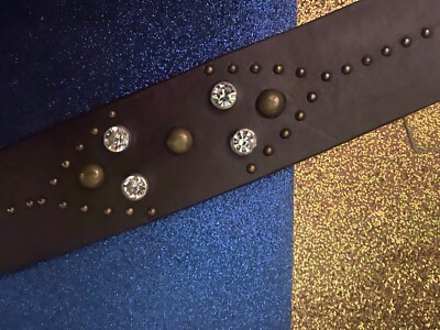 GENUINEL LEATHER BEJEWELED STUDDED BRASS THICK Belt Length 37 Ladies genuine brown leather belt with brass studs & brown  main image 3