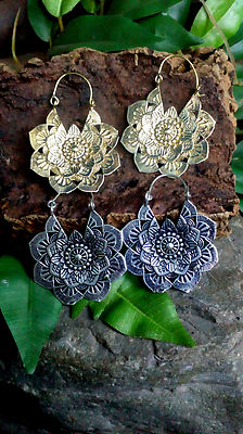 Tribal Indian Brass earrings Hippy Boho Goa psy pixie Gold mandala lotus India