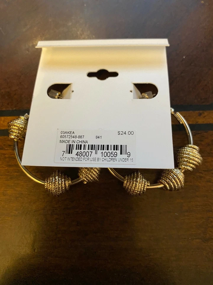 ANNE KLEIN Earrings Gold Tone Hoop 3 Beads 1.5" - Image 2 of 3