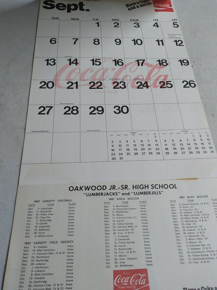 1981 Coca-Cola Classroom Calendar Enjoy Coke Oakwood Ohio High School  28.5"x14" | eBay
