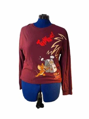 Warner Bros Tom Zapped Jerry Womens Large Burgundy AOP Long Sleeve Preowned
