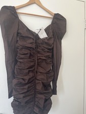 NEW Zara ruched mini dress with puff sleeves, brown
