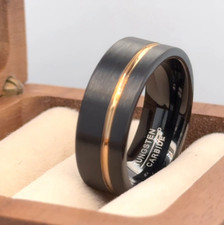 Rose Gold Strip Inlay Band Flat  Black Tungsten Stylish Ring Gift For Girlfriend