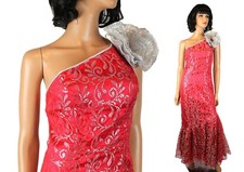 80s Prom Dress Sz XS Vintage Red Silver Lace One Shoulder Mermaid Pageant Gown