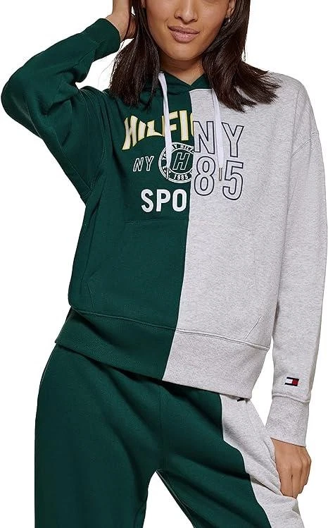 Tommy Hilfiger Womens Hoodie M Pullover Sweatshirt Long Sleeves Green Gray NEW