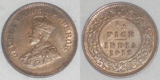 1912 Bronze Coin India British Occupation 1/2 Pice King George V KM# 510 XF+++