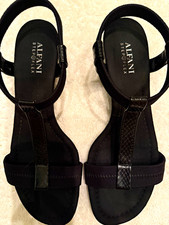Alfani Step 'N Flex Black Strappy Wedge Sandals Ankle Strap Snakeskin 7.5