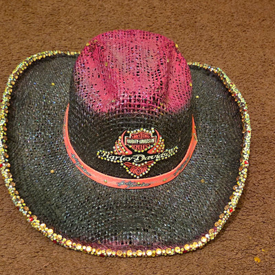 Harley-Davidson Pink & Black Straw Western Cowboy Hat w/ Rhinestone Trim