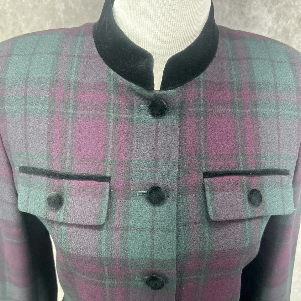 Le Suit 女式 4 绿色紫色格子西装外套天鹅绒纽扣行政职业 — 第 2/4 张图片