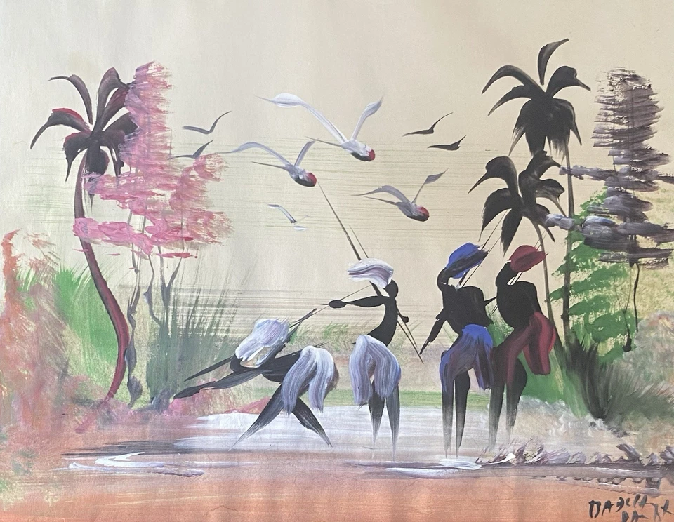 Pintura acuarela guerreros de caza africanos modernistas de mediados de siglo de los años 50 Foto 2 de 4