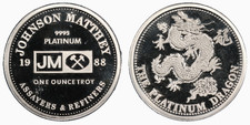 JOHNSON MATTHEY JM ASSAYERS & REFINERS SILVER DRAGON 1 oz. PLATINUM ROUND 2888.00 per troy oz