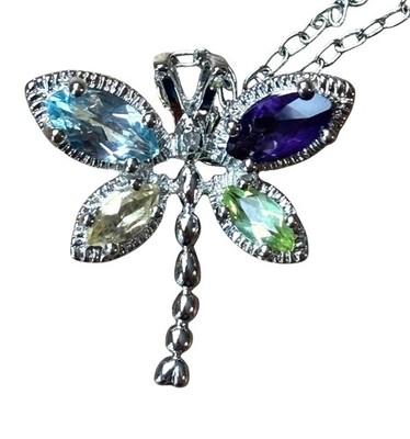 Multicolor Gemstone Dragonfly Pendant  Necklace Silver Plated PAJ BB 18''