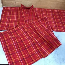 Vintage Japanese Red Plaid Kimono Retro Check Pattern Traditional Robe