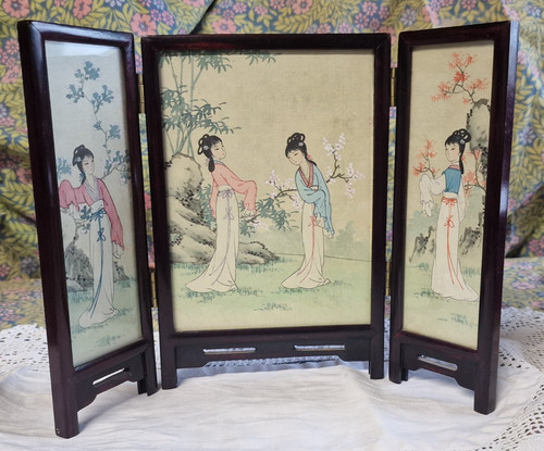 Vintage Chinese Style Miniature Table Screen 3 Panel Double Sided Landscape