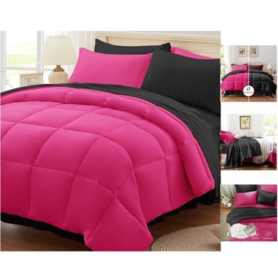 Reversible Queen Comforter Set - Vibrant Hot Pink & Black - 7-Piece Ensemble