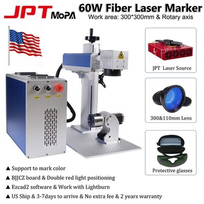 JPT 60W Mopa Fiber Laser Marking Metal Engraving Machine Color Mark Rotary US