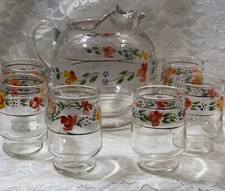 Vintage Hand Painted Glass Pitcher Water Container And (6) Glasses