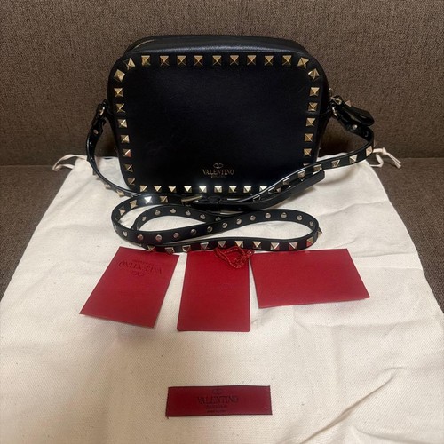 VALENTINO Leather Rockstud Mini Shoulder Bag Crossbody Black Used From Japan