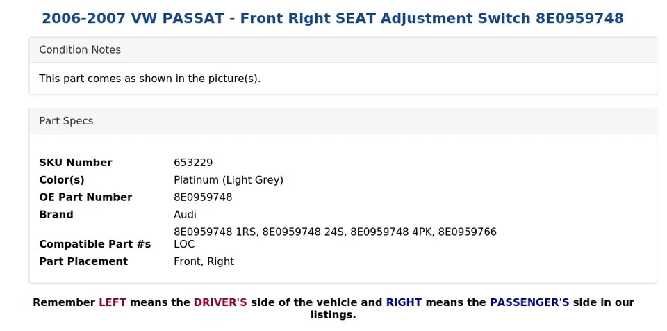 VW PASSAT 2006-2007 - Interruptor de ajuste del asiento delantero derecho 8E0959748 Foto 4 de 4