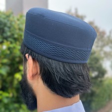 NEW Men's Premium Kufi Islamic Cap Muslim Turban Hat Handmade Topi - Navy Blue
