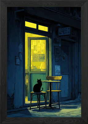 Schwarze Katze bei Cafe Tür Gerahmtes Wandbild Poster Leinwanddruck Bild