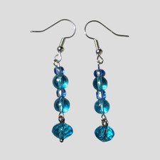 Coastal Blue Glass Bead Dangle Earrings Aqua Teal Silver Tone 2"