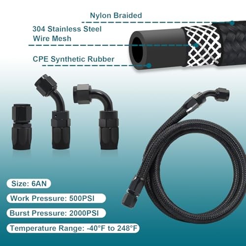 6AN Fuel Line Kit CPE, 3FT Assembled AN6 Braided Fuel Line with 3ft(90°+90°)