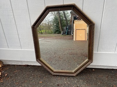 Vintage BrownHollywood Regency Wall Mirror MCM 34.5 Octagon Wood Framed