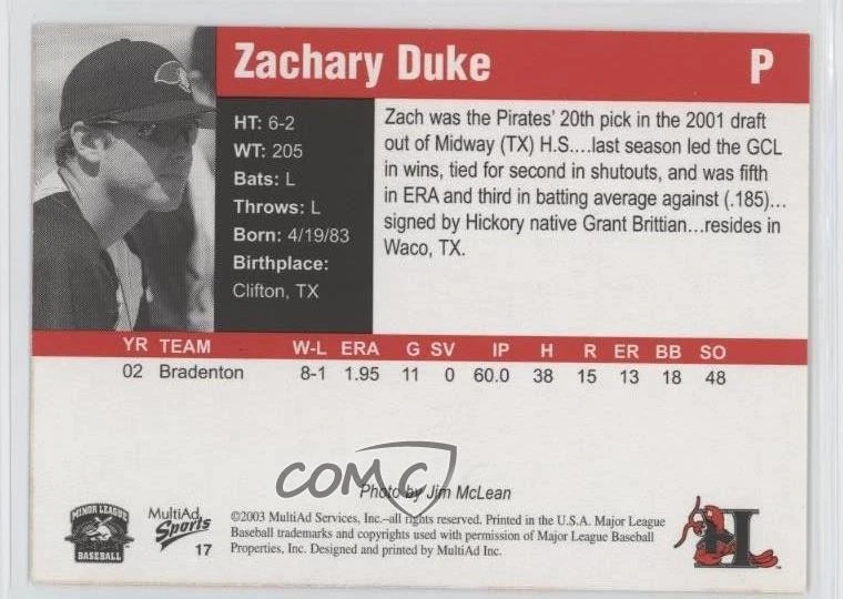 2003 MultiAd Sports Hickory Crawdads Update Zach Duke #17 - Image 2 of 2