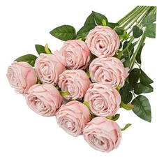 10 Pcs Fake Roses,Artificial Silk Rose Flowers with Long Stems,Realistic Blush