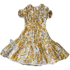 Oscar de la Renta Yellow Silk Fit Flare V Neck Ruffles Lined Zip Dress S 8 Italy