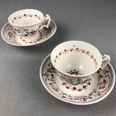 Antique Georgian England Tea Cup Saucer sets x2 New Hall BASKET OF FLOWERS 1800s
