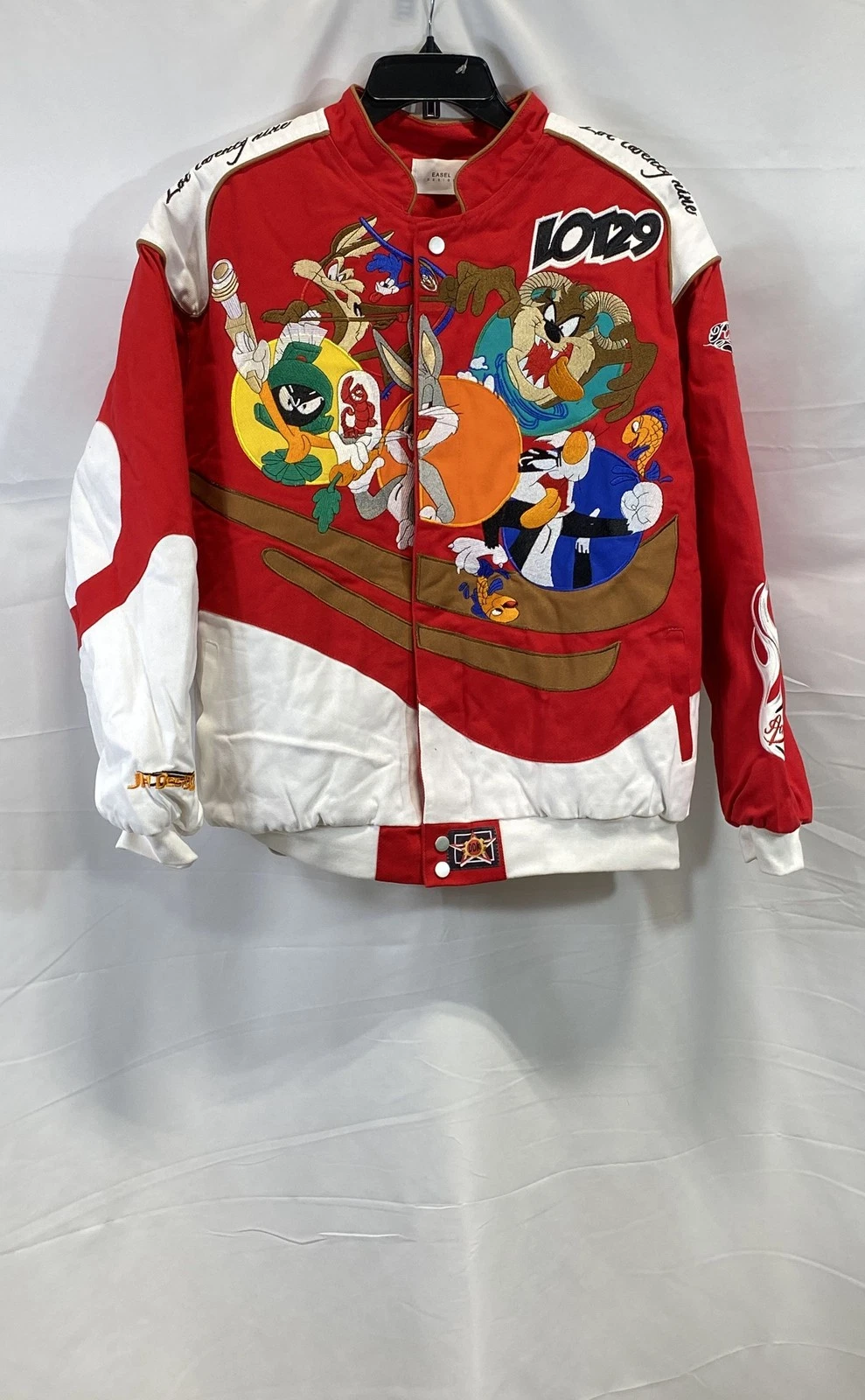 Easel Design Men's Red White Looney Tunes Character Embroidered Jacket Sz L