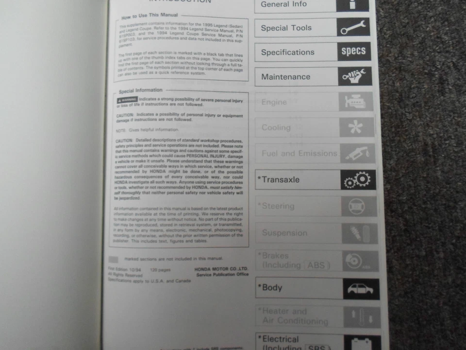 Acura Legend 1995 manual de servicio suplemento taller de reparación de fábrica X Foto 2 de 4