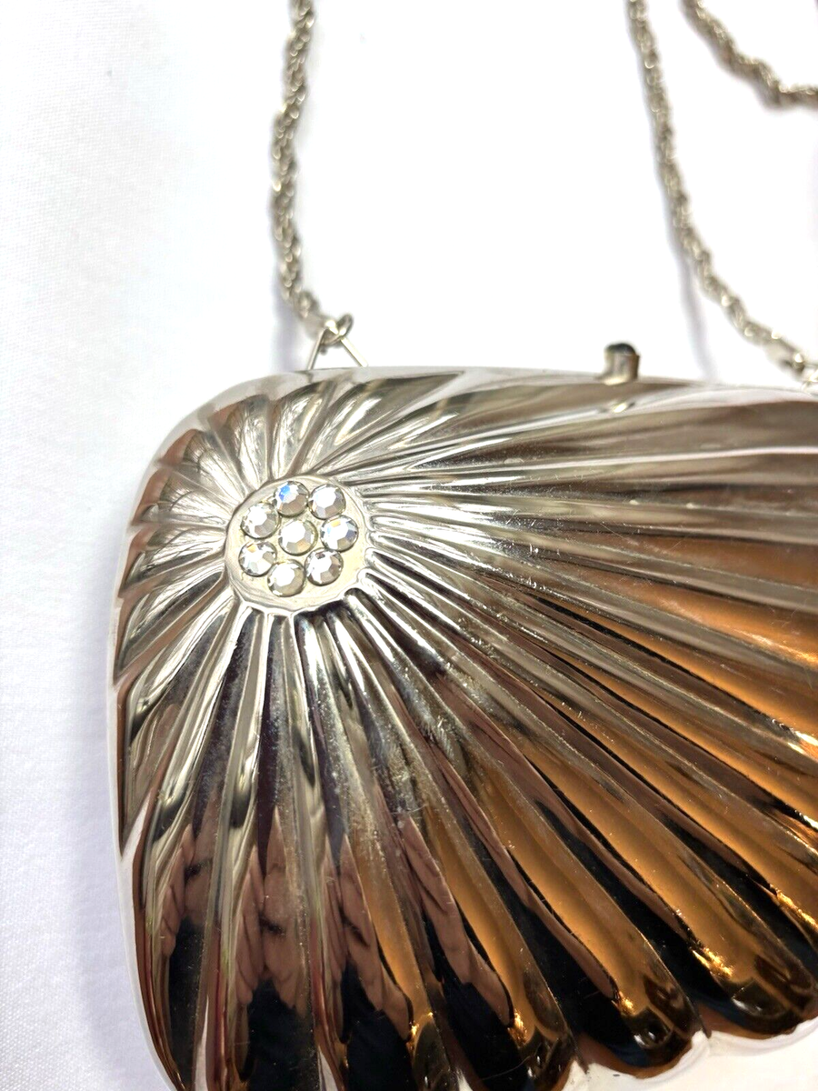 Vintage SAKS FIFTH AVENUE Silver Tone Shell Clutch,shoulder